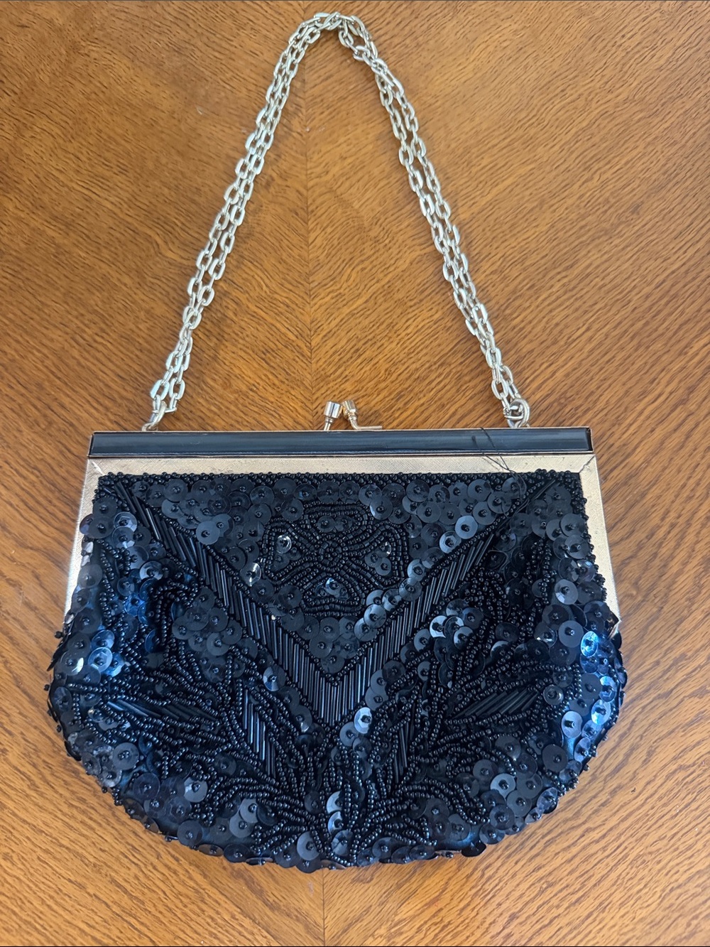 Beaded Black Evening Clutch with Silver Chain